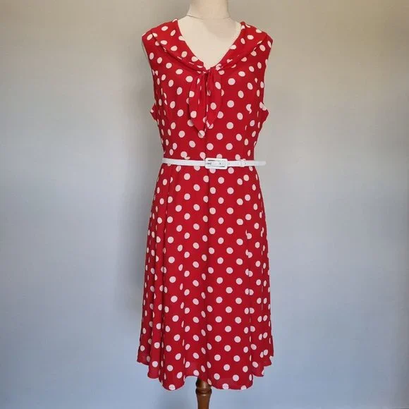 Review Dolce Vita Red & White Polka Dot Fit & Flare Dress with Belt Size 14 - Picture 2 of 10